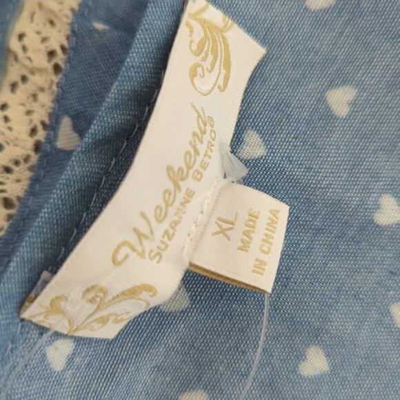 Weekend Suzanne Betro Top Womens XL Blue Heart Dot Print Chambray Shirt NWT - Picture 7 of 8